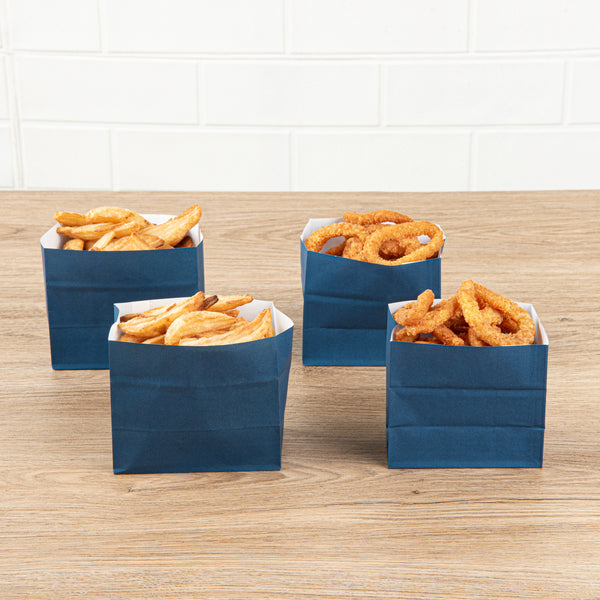 Restaurantware Bag Tek Midnight Blue Paper Large Snack Bag - 4 1/4" X 2 1/2" X 3 3/4" - 100 Count Box