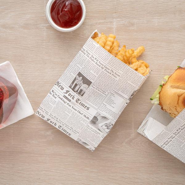 Restaurantware Bag Tek Newsprint Paper French Fry / Snack Bag - 4 1/4" X 1 1/2" X 6 1/4" - 100 Count Box