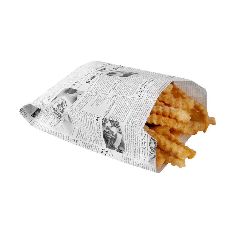 restaurantware Bag Tek Newsprint Paper French Fry / Snack Bag - 4 1/4" x 1 1/2" x 6 1/4" - 100 count box