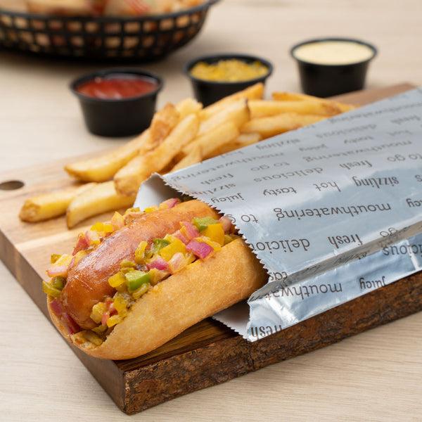 Restaurantware Bag Tek Paper Printed Large Hot Dog Foil Bag - 3 3/4" X 1 1/4" X 12" - 100 Count Box