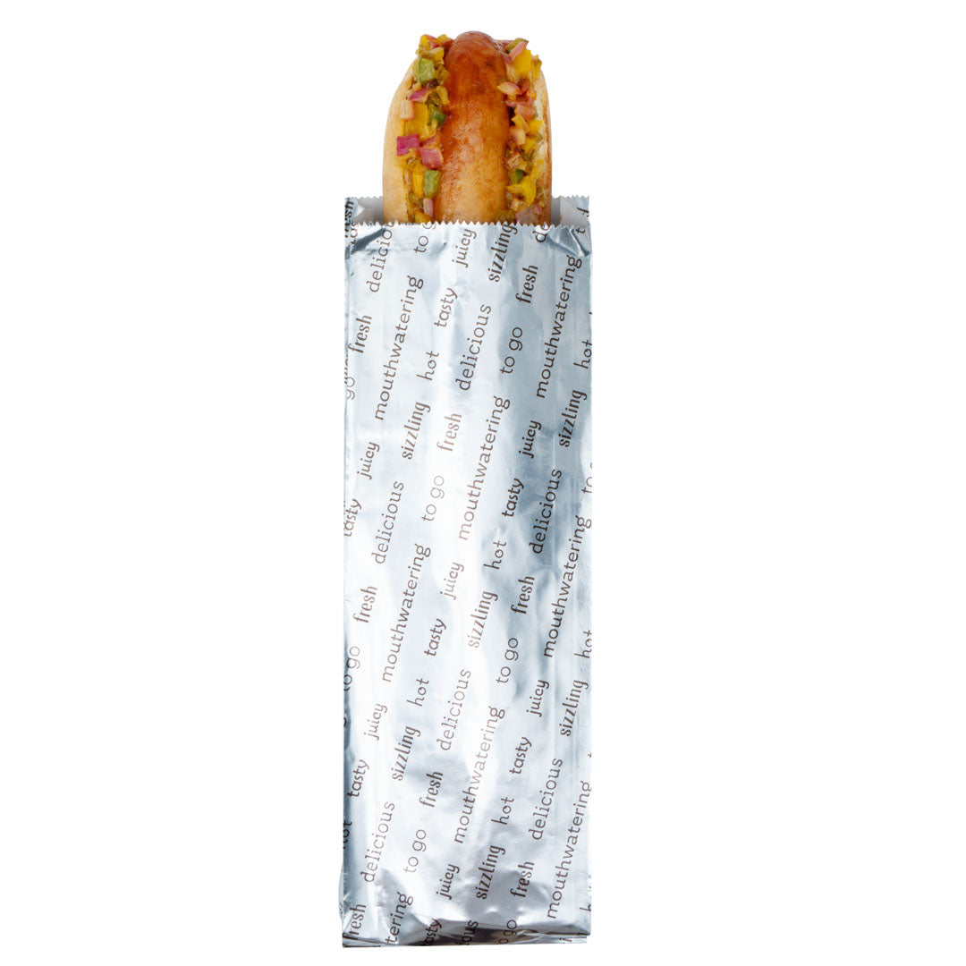 restaurantware Bag Tek Paper Printed Large Hot Dog Foil Bag - 3 3/4" x 1 1/4" x 12" - 100 count box