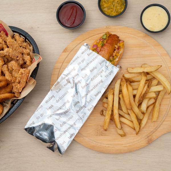 Restaurantware Bag Tek Paper Printed Small Hot Dog Foil Bag - 3 3/4" X 1 1/4" X 9" - 100 Count Box