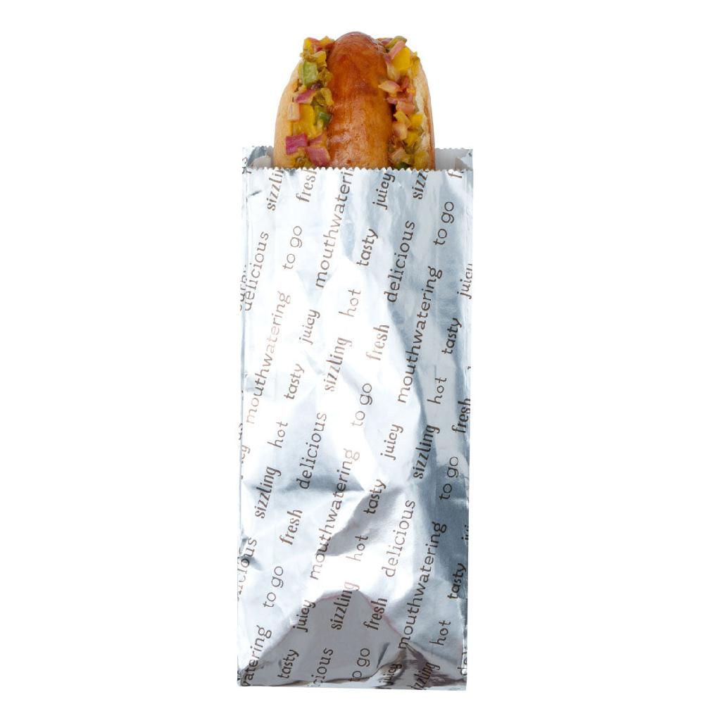 restaurantware Bag Tek Paper Printed Small Hot Dog Foil Bag - 3 3/4" x 1 1/4" x 9" - 100 count box