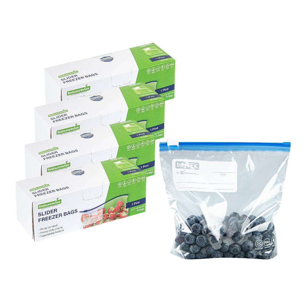 restaurantware Bag Tek Pint Size Clear Plastic Slider Freezer Bag - Expandable Bottom Write-On Label BPA-Free - 6 1/2" x 1 1/4" x 6" - 1000 count box
