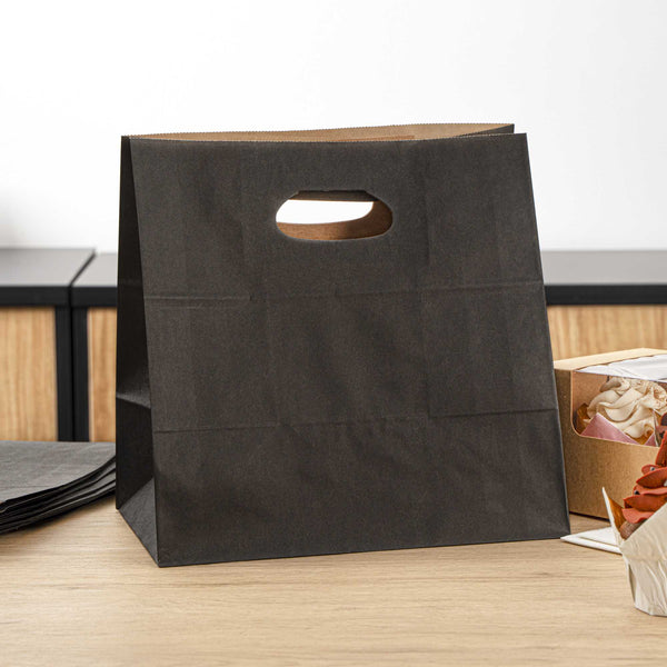 Restaurantware Bag Tek Rectangle Black Paper Take Out Bag - With Handles - 11" X 7" X 11" - 100 Count Box