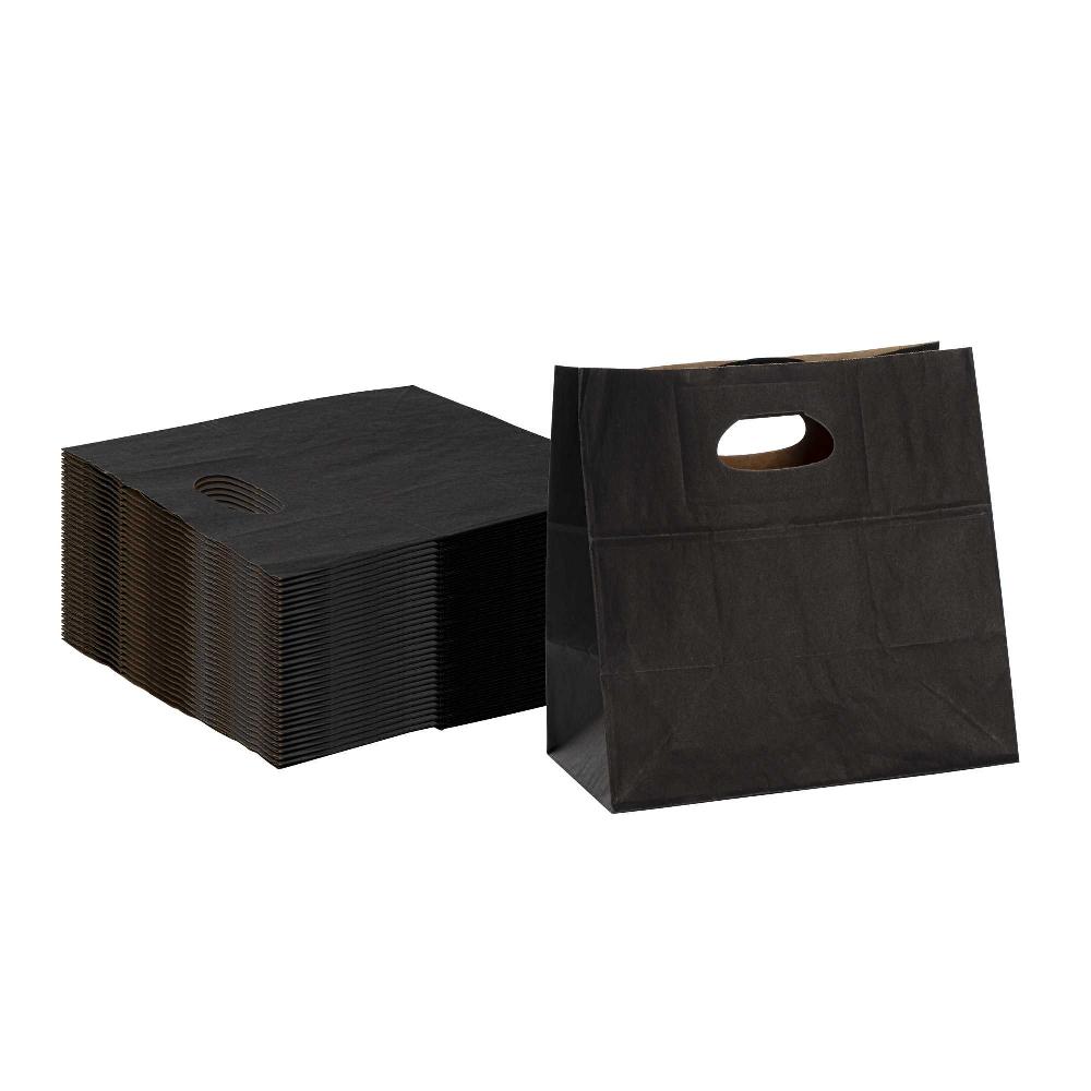 restaurantware Bag Tek Rectangle Black Paper Take Out Bag - with Handles - 11" x 7" x 11" - 100 count box