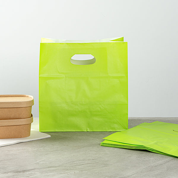 Restaurantware Bag Tek Rectangle Eco Green Paper Take Out Bag - With Handles - 11" X 7" X 11" - 100 Count Box