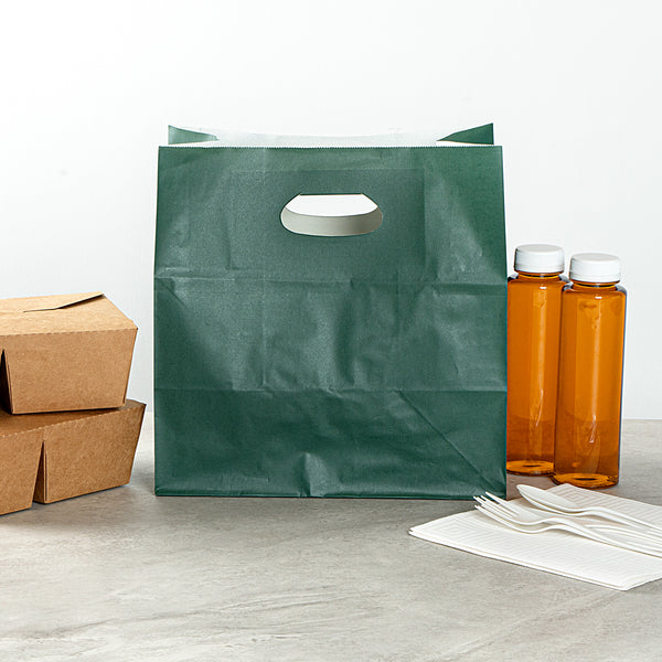 Restaurantware Bag Tek Rectangle Forest Green Paper Take Out Bag - With Handles - 11" X 7" X 11" - 100 Count Box