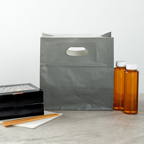 Restaurantware Bag Tek Rectangle Gray Paper Take Out Bag - With Handles - 11" X 7" X 11" - 100 Count Box