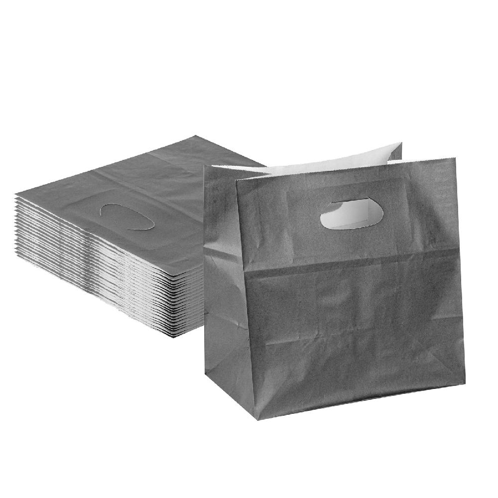 restaurantware Bag Tek Rectangle Gray Paper Take Out Bag - with Handles - 11" x 7" x 11" - 100 count box