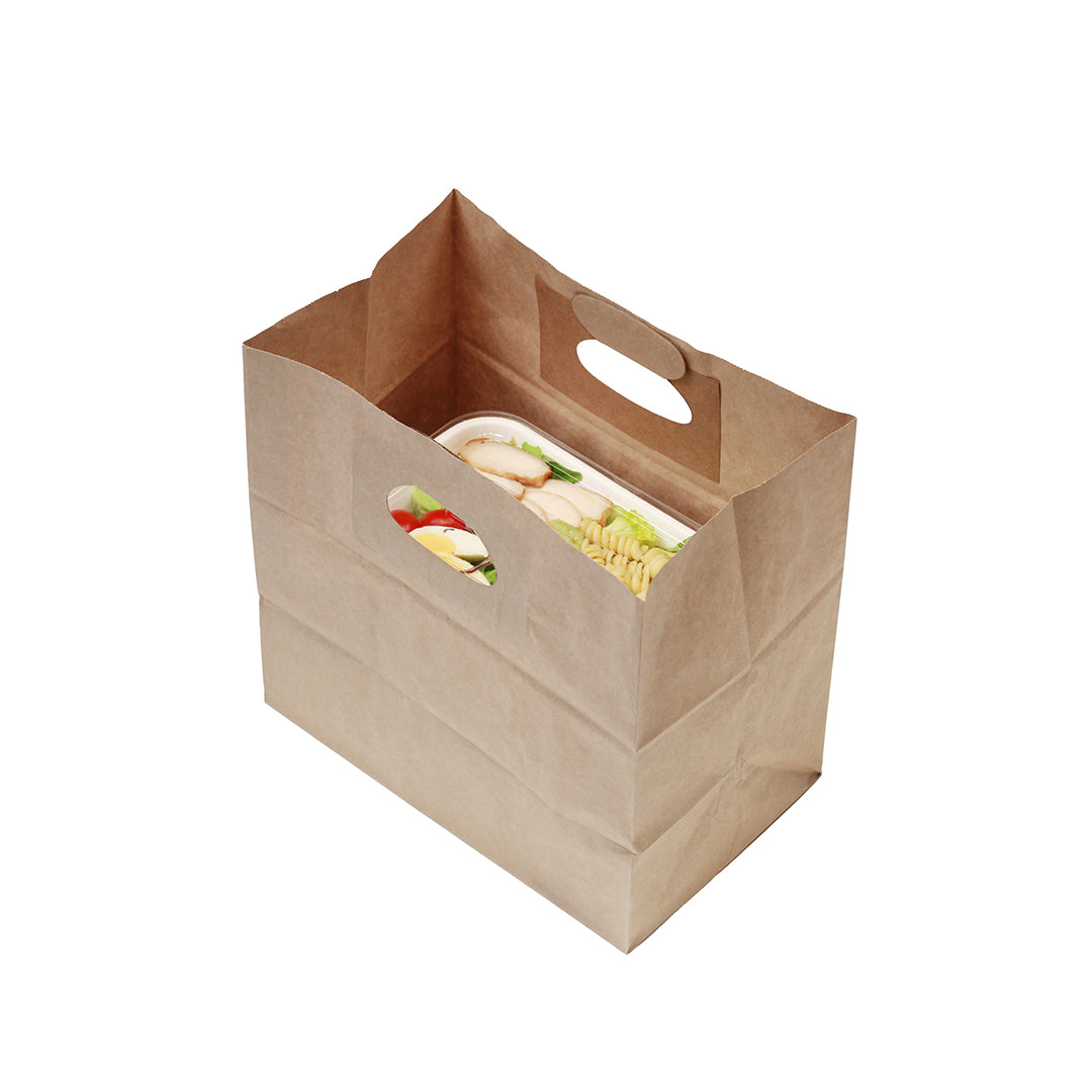 restaurantware Bag Tek Rectangle Kraft Paper Take Out Bag - with Handles - 11" x 7" x 11" - 100 count box