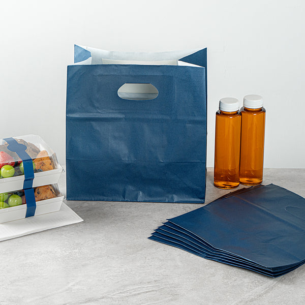 Restaurantware Bag Tek Rectangle Midnight Blue Paper Take Out Bag - With Handles - 11" X 7" X 11" - 100 Count Box