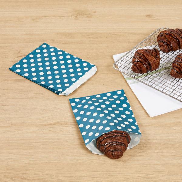Restaurantware Bag Tek Rectangle Navy Blue Paper Bag - Polka Dots - 7" X 5" - 100 Count Box