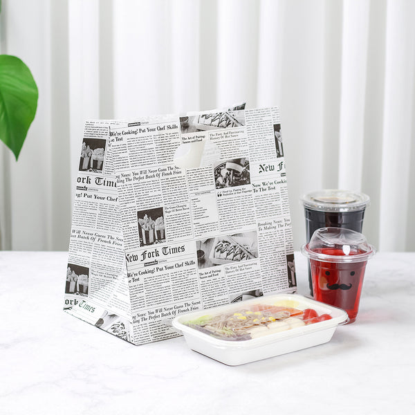Restaurantware Bag Tek Rectangle Newsprint Paper Take Out Bag - With Handles - 11" X 7" X 11" - 100 Count Box