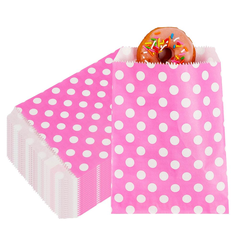 restaurantware Bag Tek Rectangle Pink Paper Bag - Polka Dots - 7" x 5" - 100 count box