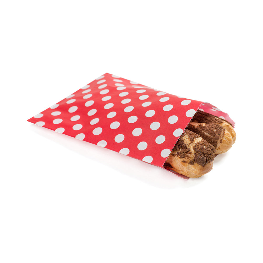 restaurantware Bag Tek Rectangle Red Paper Bag - Polka Dots - 7" x 5" - 100 count box