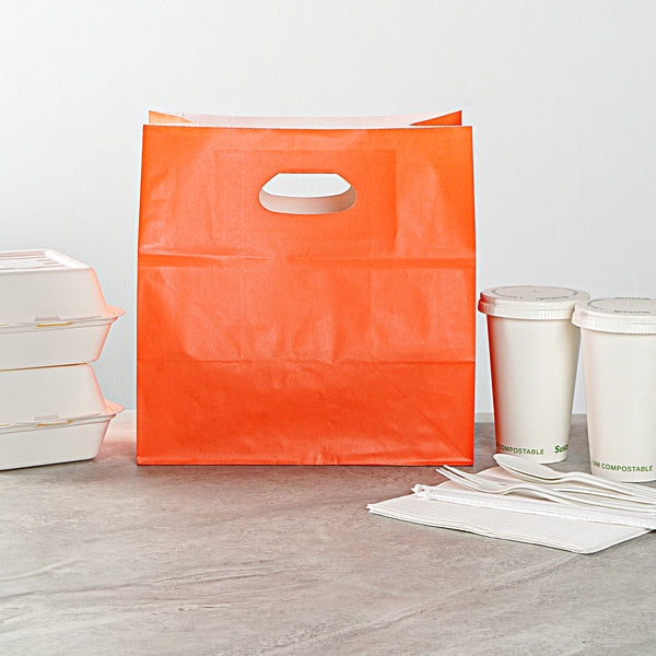 Restaurantware Bag Tek Rectangle Tangerine Orange Paper Take Out Bag - With Handles - 11" X 7" X 11" - 100 Count Box