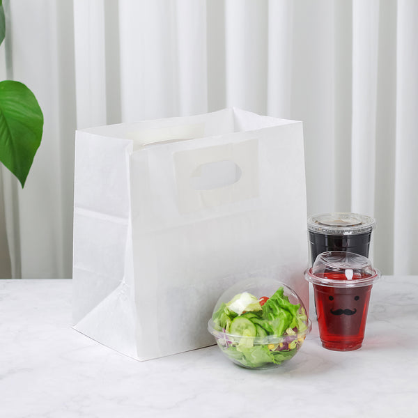 Restaurantware Bag Tek Rectangle White Paper Take Out Bag - With Handles - 11" X 7" X 11" - 100 Count Box