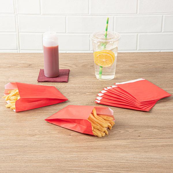 Restaurantware Bag Tek Red Paper French Fry / Snack Bag - 4 1/4" X 1 1/2" X 6 1/4" - 100 Count Box
