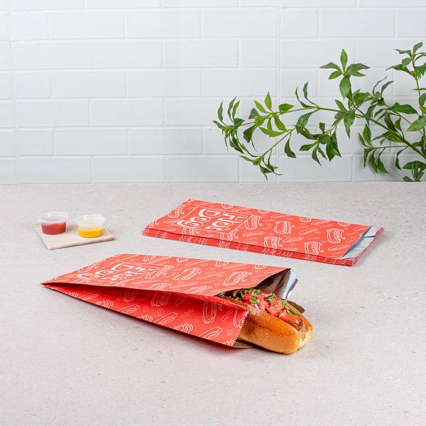 Restaurantware Bag Tek Red Paper Printed Hot Dog Foil Bag - 1/2 Gallon - 4 1/4" X 6 1/2" X 14 1/2" - 100 Count Box