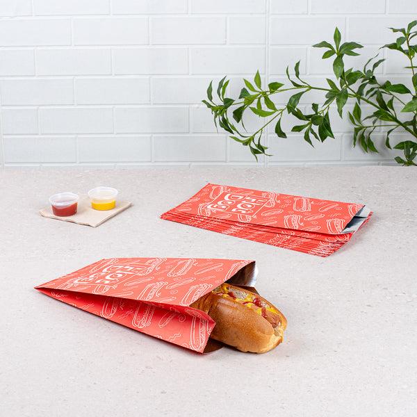 Restaurantware Bag Tek Red Paper Printed Hot Dog Foil Bag - Qt. Size - 5 1/2" X 3 1/4" X 12" - 100 Count Box