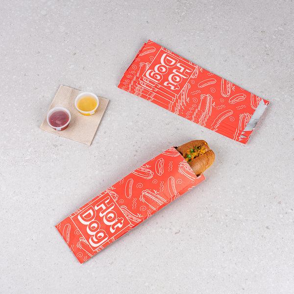 Restaurantware Bag Tek Red Paper Printed Large Hot Dog Foil Bag - 3 3/4" X 1 1/4" X 12" - 100 Count Box