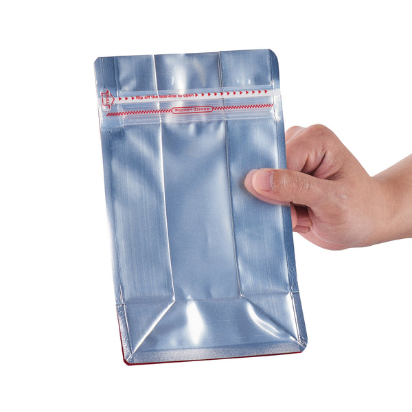 Restaurantware Bag Tek Red Plastic Medium Snack Bag - Double Seal Rip Lock Heat Sealable - 8" X 5" X 3 1/4" - 100 Count Box