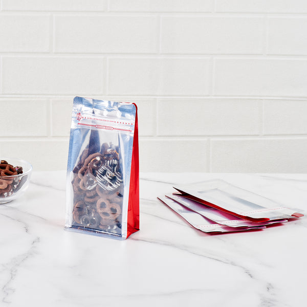 Restaurantware Bag Tek Red Plastic Small Snack Bag - Double Seal Rip Lock Heat Sealable - 8" X 4" X 2 1/2" - 100 Count Box