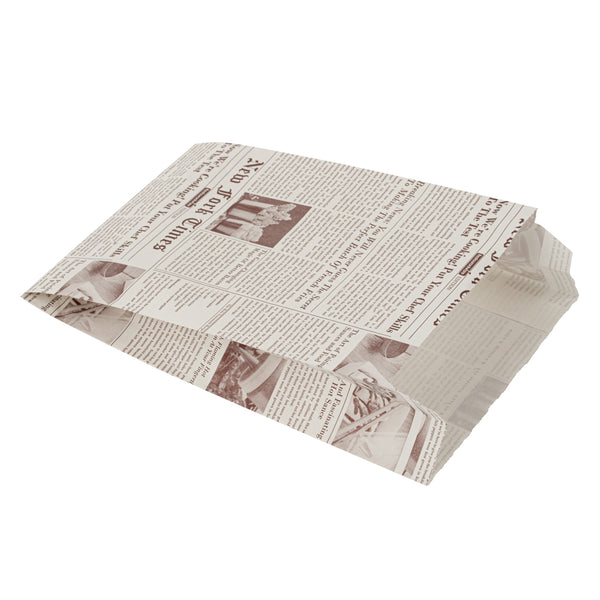 Restaurantware Bag Tek Sepia Newsprint Paper French Fry / Snack Bag - 4 1/4" X 1 1/2" X 6 1/4" - 100 Count Box