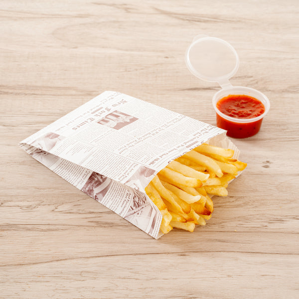 Restaurantware Bag Tek Sepia Newsprint Paper French Fry / Snack Bag - 4 1/4" X 1 1/2" X 6 1/4" - 100 Count Box