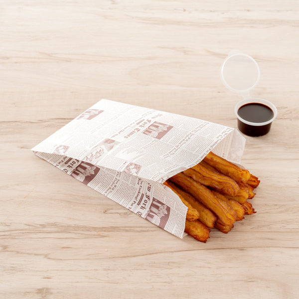 Restaurantware Bag Tek Sepia Newsprint Paper French Fry / Snack Bag - 5" X 3" X 8 3/4" - 100 Count Box