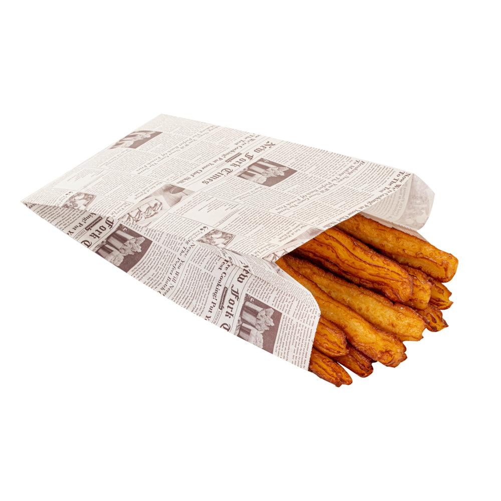 restaurantware Bag Tek Sepia Newsprint Paper French Fry / Snack Bag - 5" x 3" x 8 3/4" - 100 count box restaurantware Bag Tek Sepia Newsprint Paper French Fry / Snack Bag - 5" x 3" x 8 3/4" - 100 count box