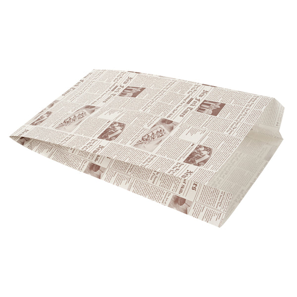 Restaurantware Bag Tek Sepia Newsprint Paper French Fry / Snack Bag - 7" X 3" X 11" - 100 Count Box