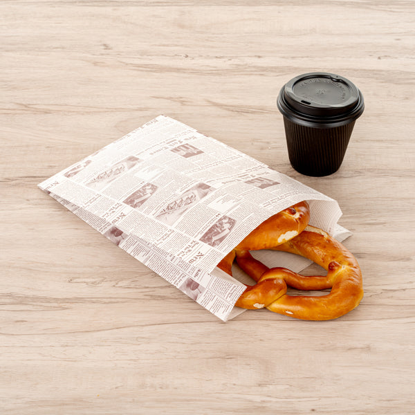 Restaurantware Bag Tek Sepia Newsprint Paper French Fry / Snack Bag - 7" X 3" X 11" - 100 Count Box