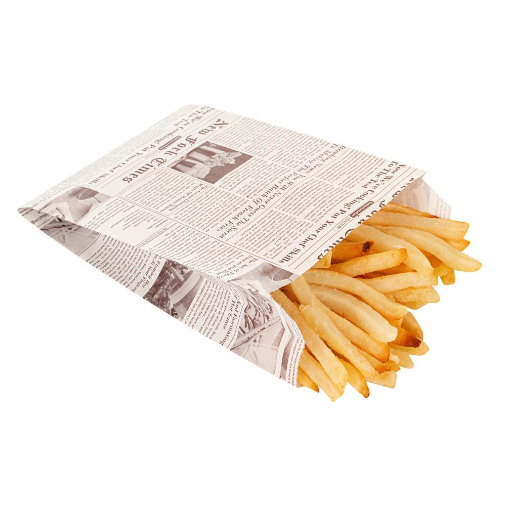 restaurantware Bag Tek Sepia Newsprint Paper French Fry / Snack Bag - 4 1/4" x 1 1/2" x 6 1/4" - 100 count box