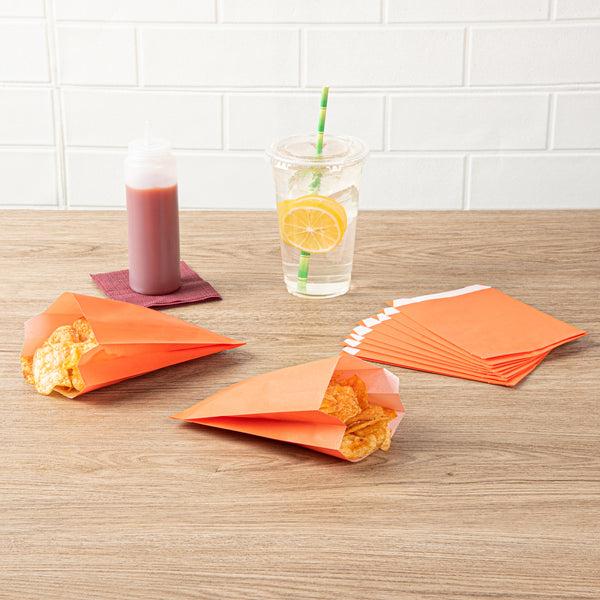 Restaurantware Bag Tek Tangerine Orange Paper French Fry / Snack Bag - 4 1/4" X 1 1/2" X 6 1/4" - 100 Count Box