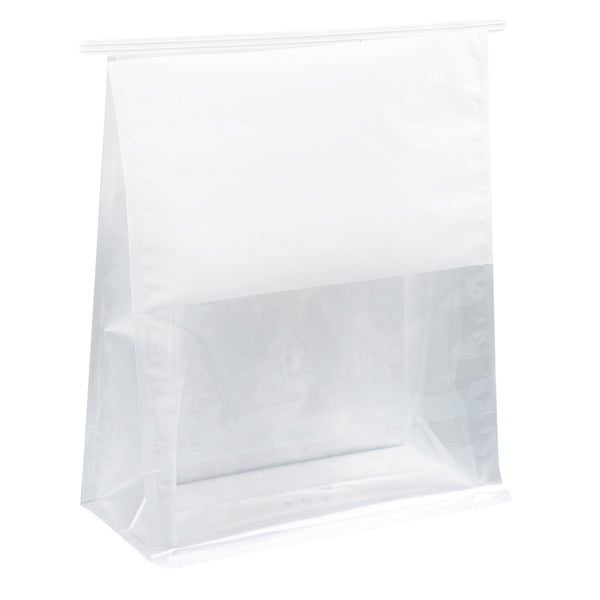 Restaurantware Bag Tek White Cotton Paper Tin Tie Bag - With Clear Window - 8 3/4" X 4 1/2" X 10 3/4" - 100 Count Box