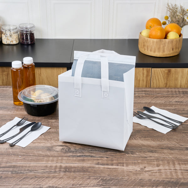 Restaurantware Bag Tek White Insulated Take Out Bag - Tamper-Evident - 9 1/2" X 6" X 10 1/4" - 100 Count Box