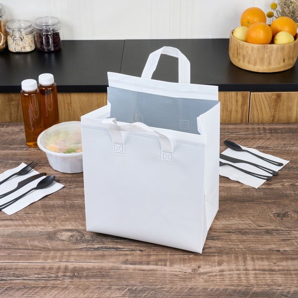 Restaurantware Bag Tek White Insulated Take Out Bag - Tamper-Evident - 10 1/4" X 6 3/4" X 11" - 100 Count Box