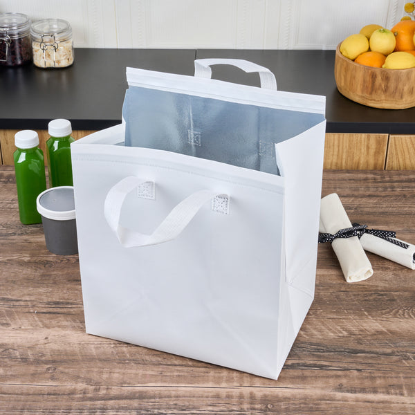 Restaurantware Bag Tek White Insulated Take Out Bag - Tamper-Evident - 11 3/4" X 7 3/4" X 12 1/2" - 100 Count Box