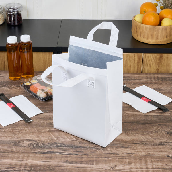 Restaurantware Bag Tek White Insulated Take Out Bag - Tamper-Evident - 8 1/4" X 4 1/4" X 10 3/4" - 100 Count Box
