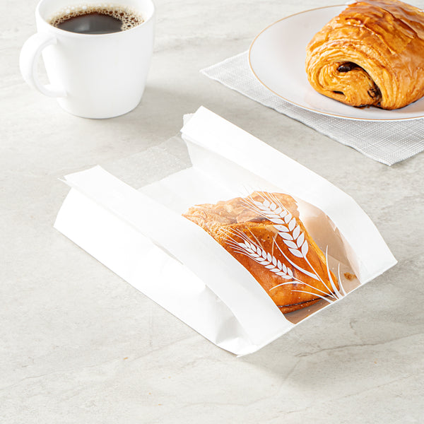 Restaurantware Bag Tek White Paper Bread Bag - Micro-Perforated Greaseproof Wheat Pattern - 4 1/2" X 2 1/2" X 8 1/2" - 100 Count Box