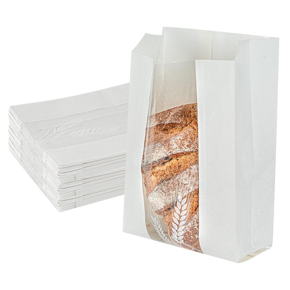 restaurantware Bag Tek White Paper Bread Bag - Micro-Perforated Greaseproof Wheat Pattern - 6" x 2 3/4" x 10" - 100 count box