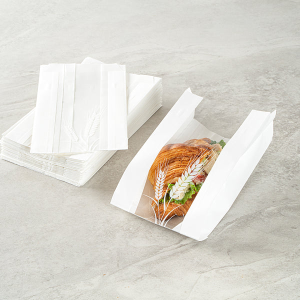 Restaurantware Bag Tek White Paper Bread Bag - Micro-Perforated Greaseproof Wheat Pattern - 4 3/4" X 2 3/4" X 8 1/2" - 100 Count Box
