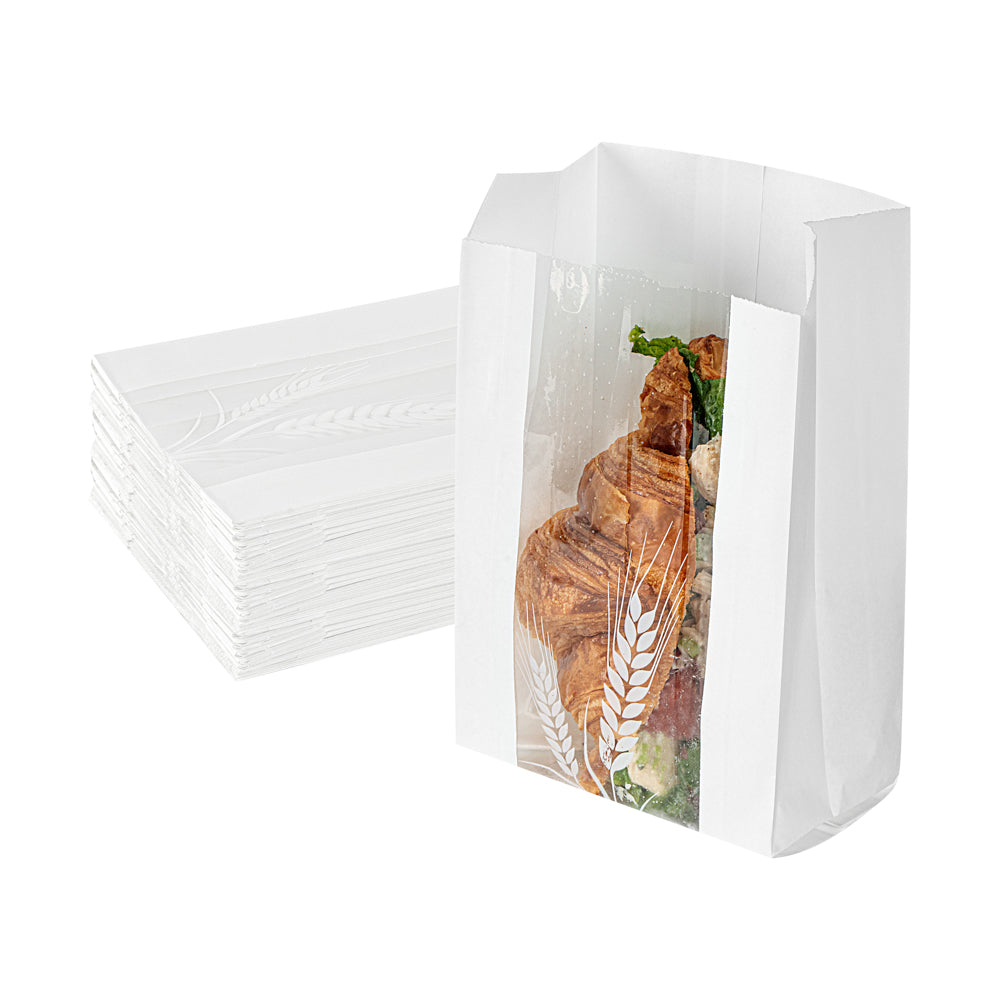 restaurantware Bag Tek White Paper Bread Bag - Micro-Perforated Greaseproof Wheat Pattern - 4 3/4" x 2 3/4" x 8 1/2" - 100 count box