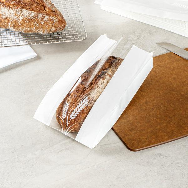 Restaurantware Bag Tek White Paper Bread Bag - Micro-Perforated Greaseproof Wheat Pattern - 5 3/4" X 2 3/4" X 11 1/2" - 100 Count Box