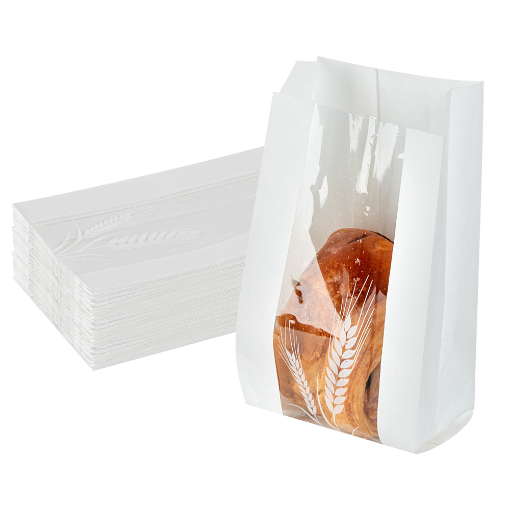 restaurantware Bag Tek White Paper Bread Bag - Micro-Perforated Greaseproof Wheat Pattern - 4 1/2" x 2 1/2" x 8 1/2" - 100 count box