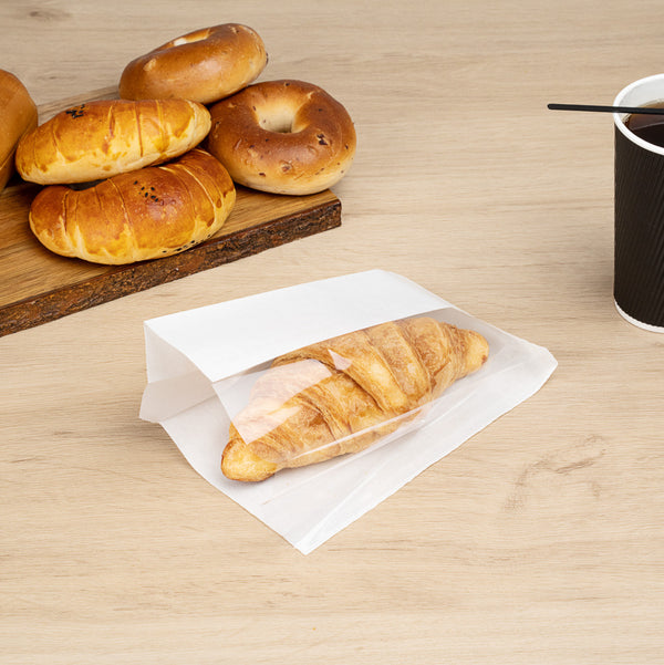 Restaurantware Bag Tek White Paper Small Bread Bag - With Side Window - 4 3/4" X 2 3/4" X 8 1/2" - 100 Count Box