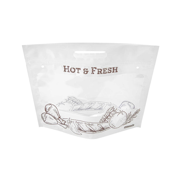 Restaurantware Bag Tek White Plastic Rotisserie Chicken / Hot Food Bag - Hot & Fresh - 12 3/4" X 5 3/4" X 10 1/4" - 100 Count Box