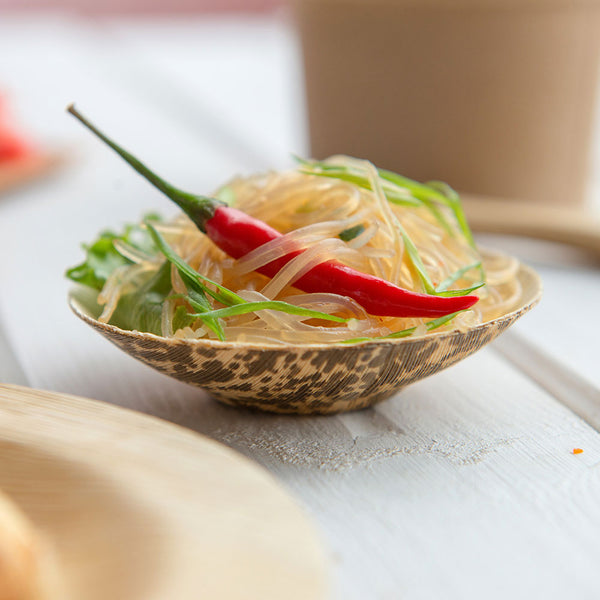 Restaurantware Bambuddha 2 Oz Round Natural Bamboo Coupelle - 3 1/4" X 3 1/4" X 3/4" - 100 Count Box